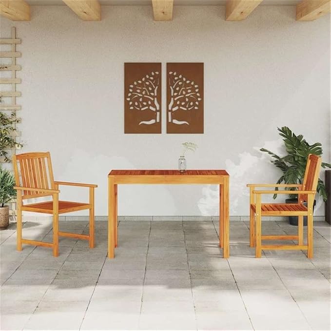 BOWERY HILL Contemporary Solid Acacia Wood Garden Dining Set, Brown Finish, 2-Piece Outdoor Patio Dining Set with Rectangular Table and 2 Chairs, Weather-Resistant, Durable Modern Design for Backyard