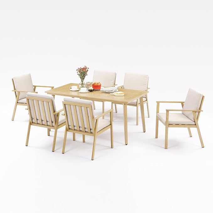 7 Pieces Outdoor Dining Set, Never-Rust Aluminum Patio Furniture Set with Umbrella Hole, All-Weather Outdoor Patio Dining Set for 6, Patio Table and Chair Set for Decks, Garden, Maple Wood