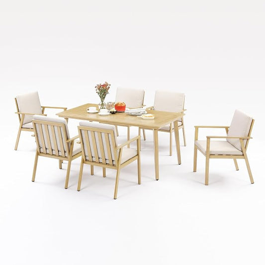 7 Pieces Outdoor Dining Set, Never-Rust Aluminum Patio Furniture Set with Umbrella Hole, All-Weather Outdoor Patio Dining Set for 6, Patio Table and Chair Set for Decks, Garden, Maple Wood