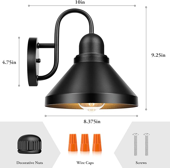 Gooseneck Outdoor Light Fixtures, 2-Pack Farmhouse Barn Lights for Porch, Industrial Black Exterior Wall Sconce for Garage, Patio, E26 Base Anti-Rust, Bulb not Included