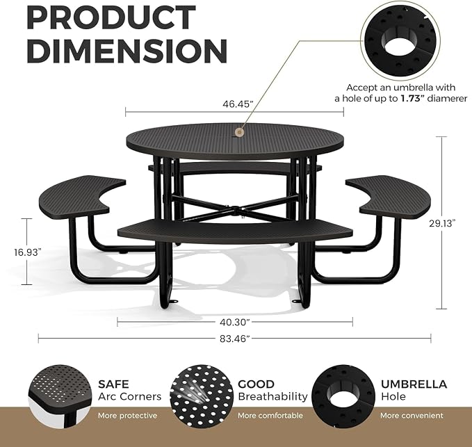 46" Coated Round Metal Picnic Table for 4-8 Person, Durable Heavy Duty Commercial Picnic Table with Umbrella Hole for Outdoor Coffee Shop, School, Easy to Install, Black