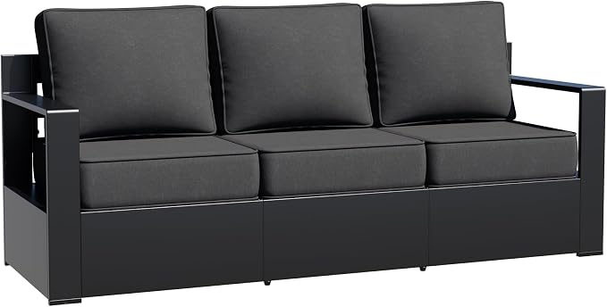 Aluminum Patio Sofa - 3-Seater Outdoor Couch with 6" Thick Removable Cushions, All-Weather Metal Frame, Deep Setting for Garden, Poolside and Porch