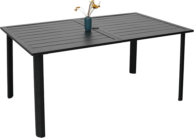 Black 63" Rectangle Patio Dining Table and Table Feet with Adjustable Screw | Black Metal Table Top, Table Feet with Adjustable Screw, 29 inch Heigh Table Top, 1.57"-1.9" Adjustable Umbrella Hole