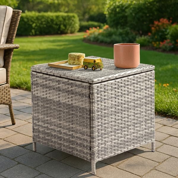 Outdoor PE Wicker Side Table with Storage, Patio Rattan End Table Square Container for Furniture Covers (Grey)