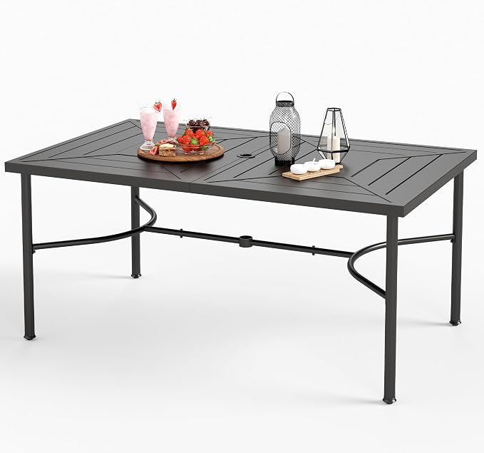 Sophia & William 64" Large Outdoor Dining Table, Rectangular Metal Patio Table for 6, E-Coating Weather-Resistant Dining Table with 1.77" Umbrella Hole for Garden Porch, Black