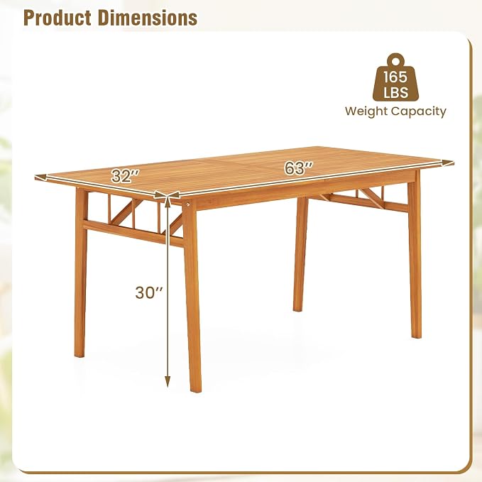 HAPPYGRILL Acacia Wood Outdoor Dining Table with Umbrella Hole & Cover, for 4-6 People, 63” Large Farmhouse Dinette Furniture for Backyard Patio Deck Porch