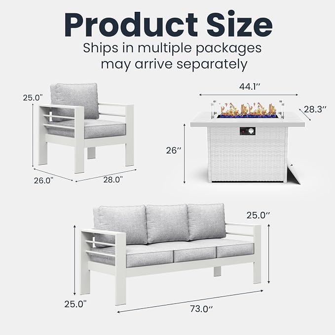 4 Pieces Modern Aluminum Patio Furniture Set with Fire Pit Table, Outdoor Conversation Sets Metal Sectional Sofa
