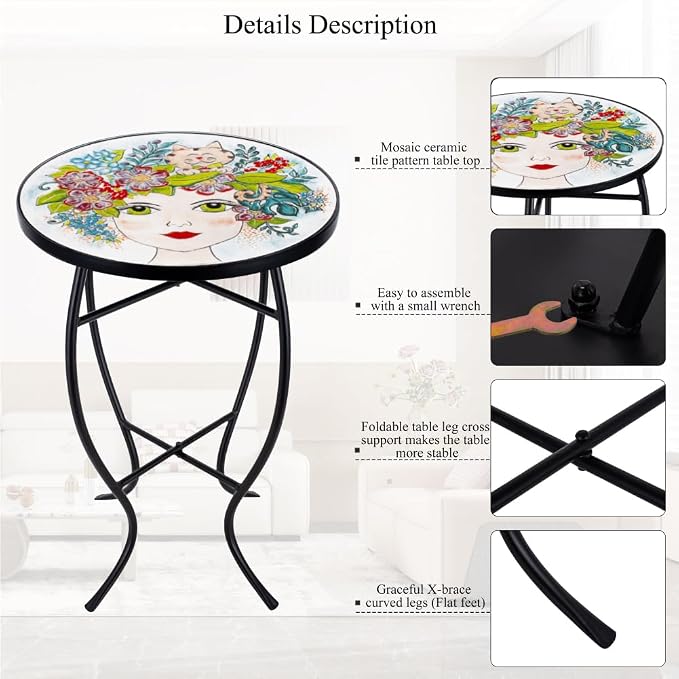 Mosaic Outdoor Side Table Small Round Patio Table Plant Stand | 21" Accent End Table with 14" Ceramic Tile Top for Small Spaces Porch Pool Garden Decor Indoor Living Room Bedroom Balcony