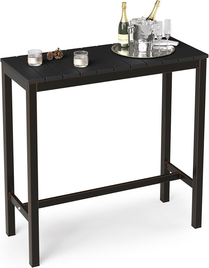 Cozyman Outdoor Bar Table, 38" Patio Bar Height Counter Console Table, Black Waterproof HDPS Slatted Top and Bronze Leg, Weather Resistant, Hot Tub, Balcony, Yard, Indoor or Outdoor Use