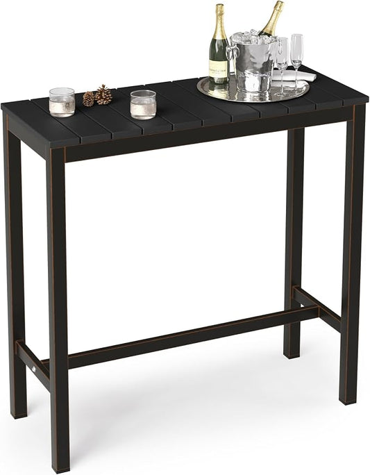 Cozyman Outdoor Bar Table, 38" Patio Bar Height Counter Console Table, Black Waterproof HDPS Slatted Top and Bronze Leg, Weather Resistant, Hot Tub, Balcony, Yard, Indoor or Outdoor Use