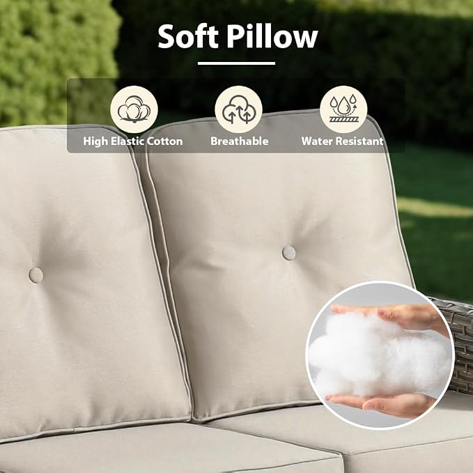 10 Pieces Patio Sectional Furniture Set, Outdoor Wicker Sectional Couch with High Back Swivel Rocker Chairs Solar Lights Table, Modern Conversation Set for Porch Balcony Backyard, Beige