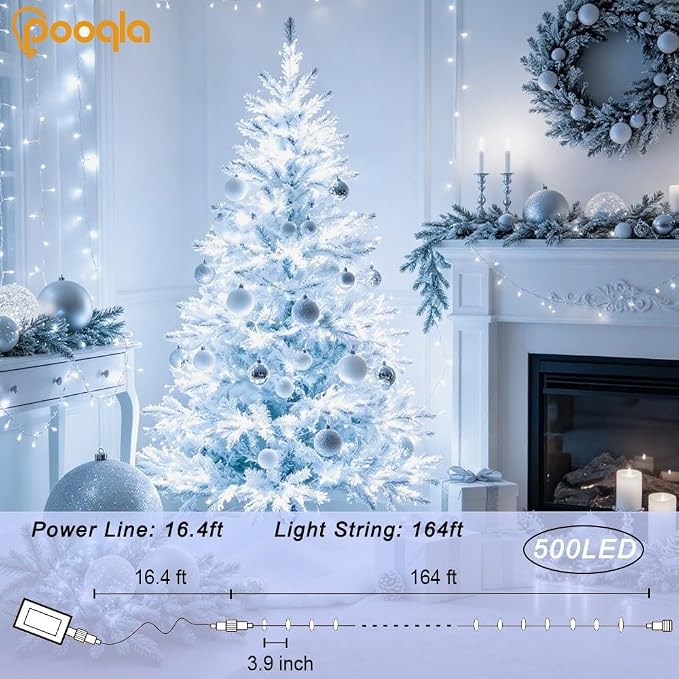 500 LED Cool White Christmas Lights Outdoor String Lights, 164 ft | Green Wire Waterproof Twinkle Fairy Lights with Timer, 8 Modes Connectable String Lights Indoor Bedroom Classroom Decorations