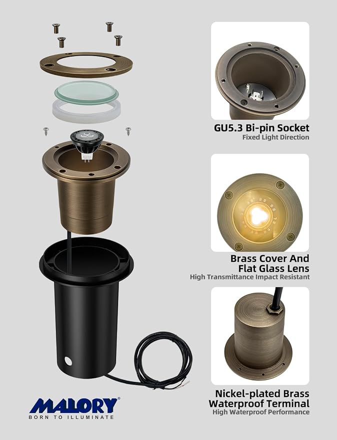 MALORY Brass Landscape Well Lights, (φ99 mm) 12V Low Voltage Outdoor In Ground Lights,Landscape Lighting for Pathway, Driveway, Garden 1 Pack with Bulb (Full Brass -01A, 10-Pack with Bulb)