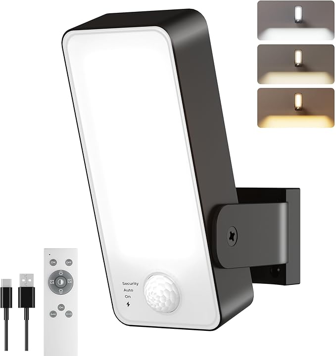 Motion Sensor Outdoor Wall Lights, 10000mAh Rechargeable Battery Powered Outdoor Lights with Remote, 3 Modes with Red Alert, Dimmable & 3CCT, Outdoor Security Lights for Porch, Backyard, Garage
