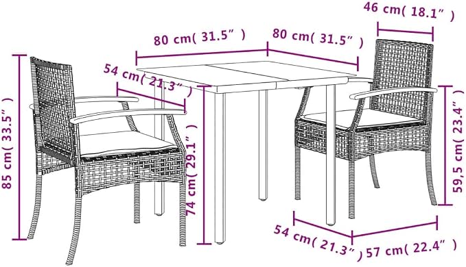 3 Piece Patio Dining Set with Cushions Black Poly Rattan Outdoor Table and Chairs for Garden Backyard Deck Tempered Glass Top UV Proof Weather Resistant