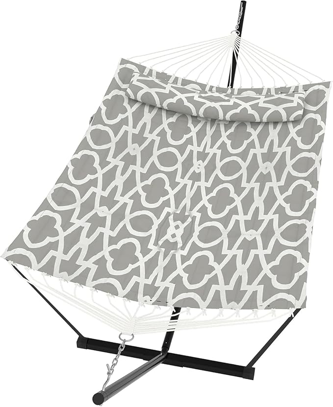  2 Person Hammock with Stand for Outside, Double Hammock with Stand and Pillow, Max 450 Lbs Capacity with Balance Rope, Large Hammock for Outdoor Patio Backyard Poolside