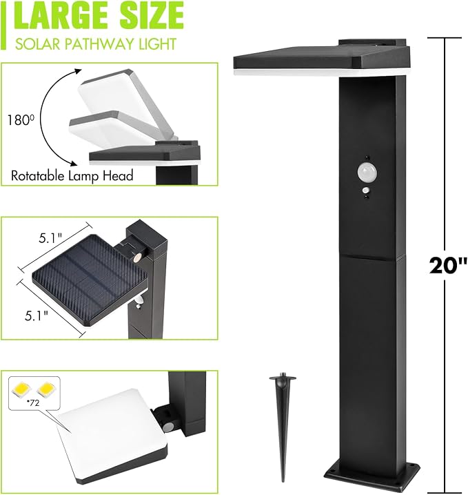 Solar Pathway Lights Outdoor Waterproof, Motion Sensor Lights 2PCS | Aluminum, 20" Tall, 600LM Super Bright, Adjustable Head, Dusk to Dawn 12+ Hour Battery Life, Suitable for Lawns or Concrete