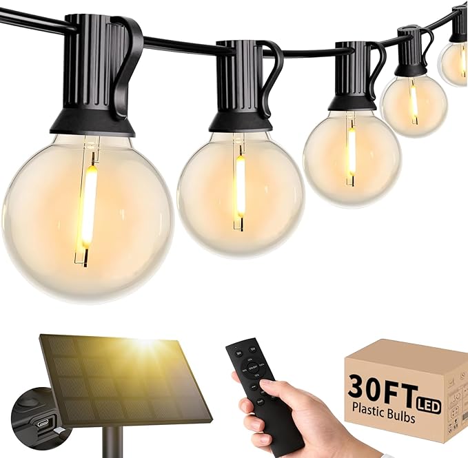 Svater Solar Outdoor String Lights 30 FT, G40 Patio Lights Shatterproof Dimmable Vintage Edison Bulbs, Solar Powered Weatherproof Light for Patio, Backyard, Garden, Bistro, Warm White