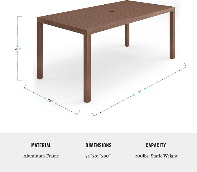 Martha Stewart Bedford 71" Indoor-Outdoor Aluminum Patio Table with Umbrella Hole and Brushed Woodgrain Finish in Brown