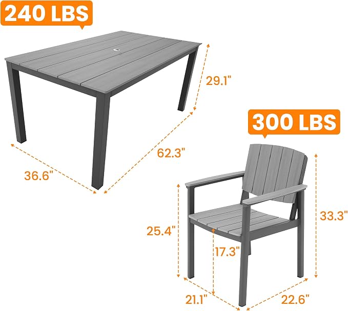 Outdoor Dining Sets Patio Table and Chairs Set 5-Piece, Aluminum Frame HDPS Faux Wood, All Weather Patio Dining Set with Umbrella Hole for Garden Backyard Poolside Grey
