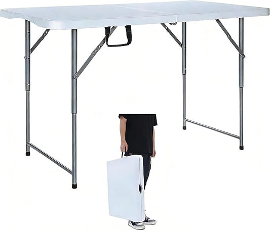 Lakhow Folding Table 4 Foot Portable Heavy Duty Plastic Fold-in-Half Utility Table with Carrying Handle,Indoor Outdoor Small Adjustable Height Folding,Camping and Party,White