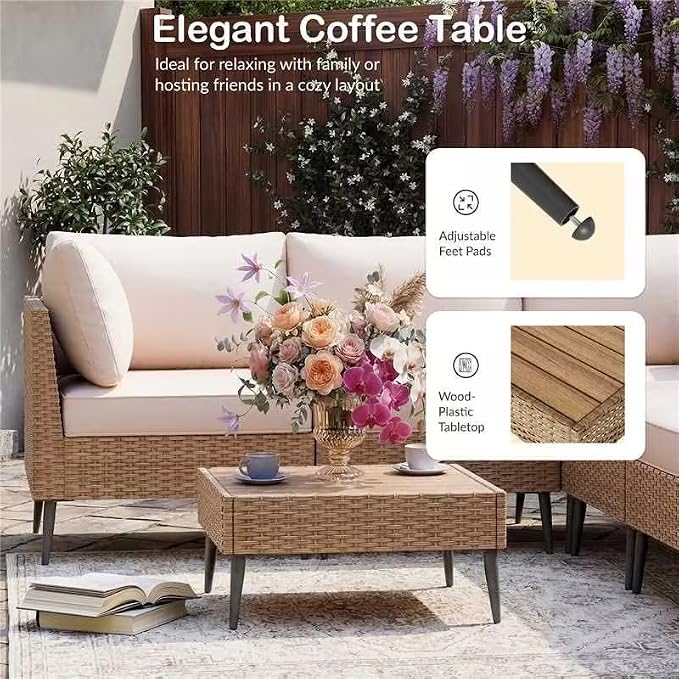 Outdoor Patio Furniture Set, 7 Piece Outdoor Sectional Sofa Wicker Patio Conversation Couch Set, All Weather PE Rattan Sofa with Table and Cushions for Garden, Poolside, Backyard (Beige)
