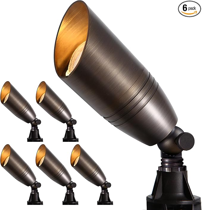 Solid Brass Outdoor Landscape Spotlights, 12V Heavy Duty Low Voltage LED Spot Light Waterproof for Garden and Yard Up Lighting, Classic Bronze Accent Light Fixture Without MR16 Bulb, 6 Pack