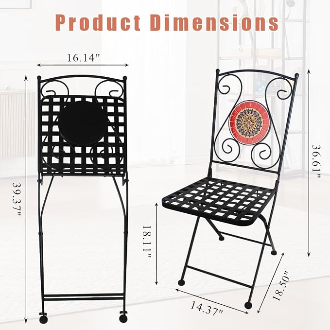 3 Piece Bistro Sets Mosaic Tile Round Table Folding Chairs Garden | Set of 3 Patio Furniture 23.6" Table and 2 Chairs Outdoor Bistro Chairs Artistic Table for Balcony Porch Apartment Backyard