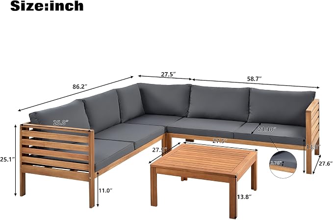 4 Piece Outdoor Patio Sectional Sofa w/Comfort Seat Cushions, All Weather Acacia Wood Patio Sectional Conversation Seat with Plus Coffee Table and Strong Metal Accessories, Water-resistant (Grey+AC)