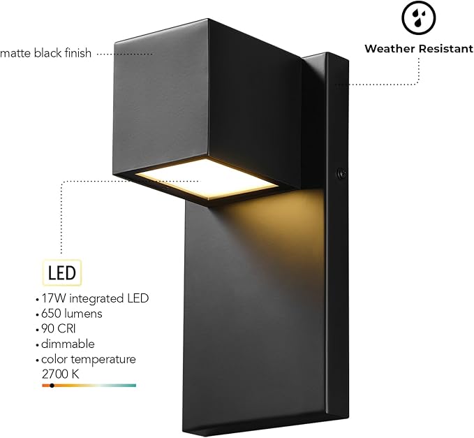 Globe Electric 17W Integrated LED Outdoor Wall Sconce, Matte Black, 650 Lumens, 2700K, Dimmable, Weather Resistant, 60000124