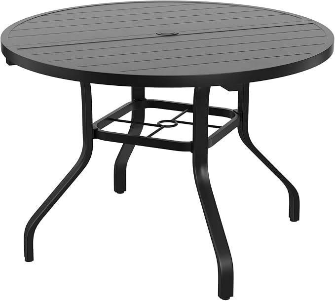 HRVEOCEI 47" Outdoor Round Table with Umbrella Hole, Metal Patio Dining Tables for Lawn Garden, Wood-Like Grain Bistro Table Outdoor for Backyard,Poolside,Deck,Por (Dark Black, Round)