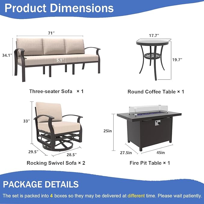 Kullavik Aluminum Patio Furniture Set,5 Piece Modern Metal Outdoor Patio Furniture w/5.1'' Thick Cushion,Swivel Chairs and 45" Propane Fire Pit Table,Patio Conversation Sets for Porch,Deck,Sand