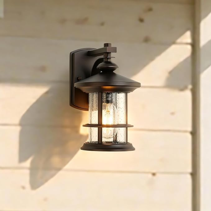 MICSIU 100W Max Vintage Farmhouse Oil Rubbed Bronze Outdoor Wall Light | 10 Inch Metal Exterior Sconce 1 Pack, Clear Seedy Glass Outsize Porch Light for Entryway, Garage, Bathroom