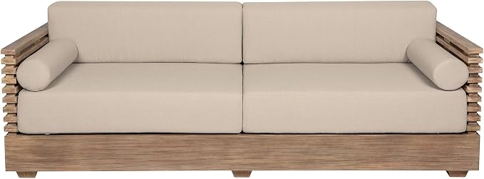 Armen Living Vivid Outdoor Patio 4 Piece Conversation Set in Light Eucalyptus Wood with Taupe Olefin Cushions