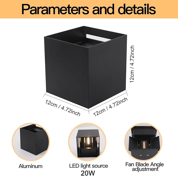 Mille Lucciole 2 Pack LED 20W Outdoor Sconce Wall Lights Interior/Exterior Up and Down Lights IP65 Waterproof Sconce Outdoor Lighting Fixtures Square Aluminum Wall Mount Light Black 6500K Cold Lights