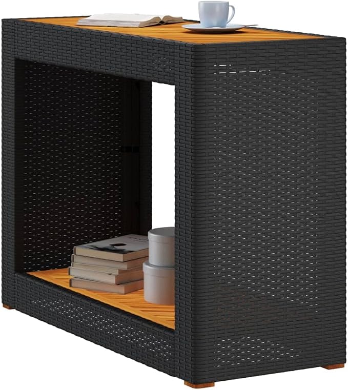 Patio Side Table with Wooden Top Black 39.4"x15.7"x29.5" Poly Rattan Outdoor Coffee End Table for Patio, Garden, Backyard, or Balcony