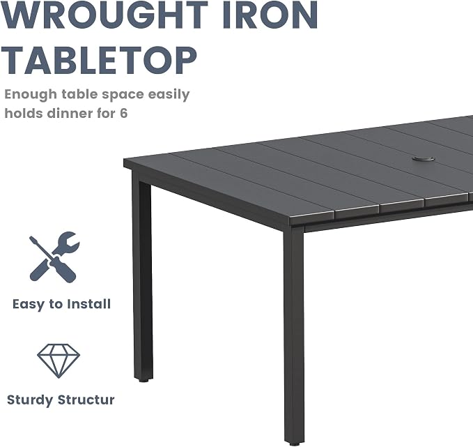 VICLLAX 7 Pieces Patio Outdoor Dining Set, 63" Rectangular Metal Dining Table with Umbrella Hole and 6 Stackable Textilene Chairs for Lawn, Garden, Porch, Black/Grey