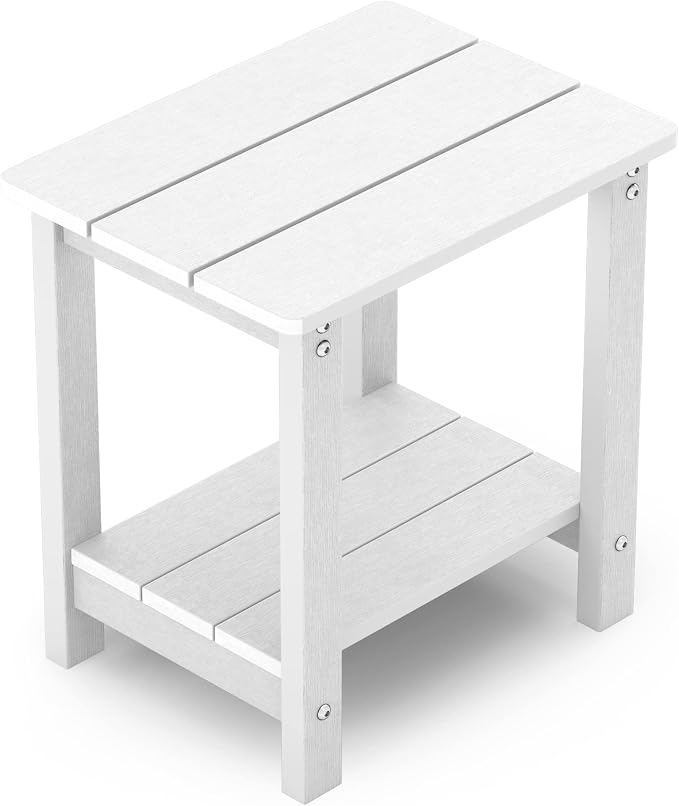 MXIMU Outdoor Side Table 2 Tier: Heavy-Duty Sturdy Warp Resistant Adirondack Table - Wood Grain Finish Outdoor End Tables - Easy Assembly & Low Maintenance Patio Side Table White