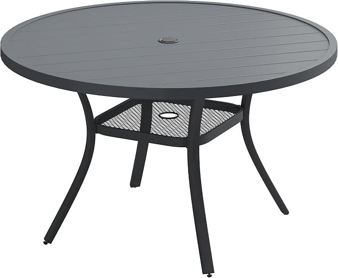 VICLLAX 47.2" Round Patio Table, Outdoor Dining Table for 6 with Umbrella Hole for Garden Lawn Deck Backyard, Dark Grey