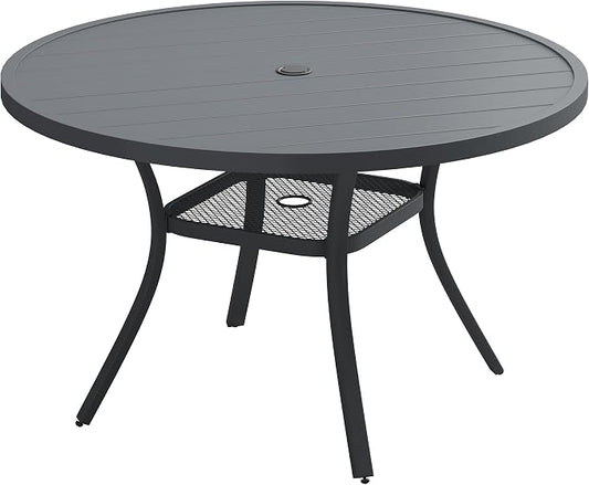 VICLLAX 47.2" Round Patio Table, Outdoor Dining Table for 6 with Umbrella Hole for Garden Lawn Deck Backyard, Dark Grey