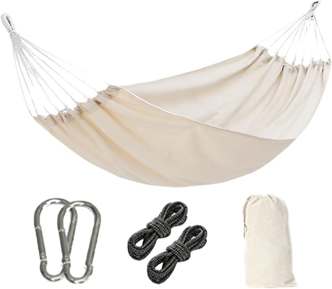 Camping Hammock, White Garden Cotton Hammock with Hanging Ropes and Storage Bag, Portable Hammock for Outdoor Indoor Patio Backyard Traveling Adventure (190x80cm)