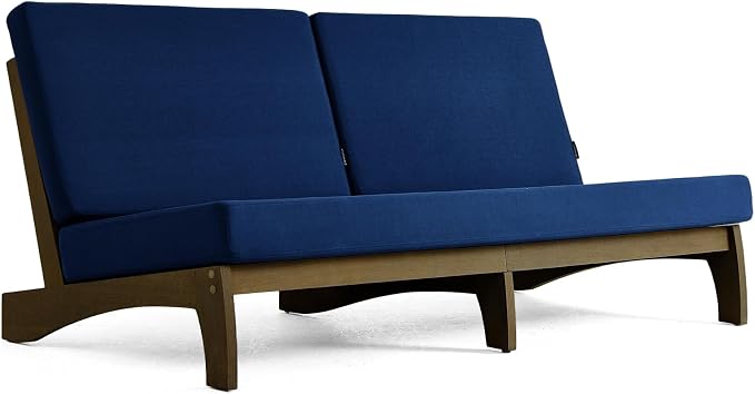 Outdoor Furniture Patio Couch, Weather Resistant 3-Seater Patio Sofa with Removable Cushion, Teak Wood Frame for Porch & Backyard Seating - Navy
