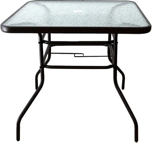 AOODA 31.5" Square Patio Dining Table with Tempered Glass Top and Steel Base, Fits Most Umbrellas, 4-Seater, Modern Style, Clear Glass & Steel, 31.5" x 31.5" x 28"