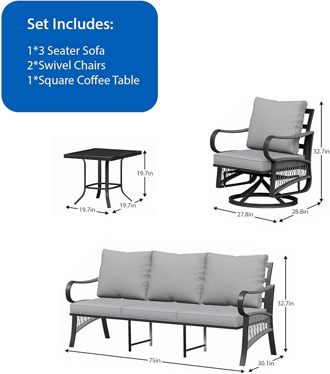 4 Piece Patio Furniture Set, All Weather Metal Outdoor Conversation Set with Swivel Chairs, Thick Cushions and Coffee Table for Garden, Porch, Lawn, Grey