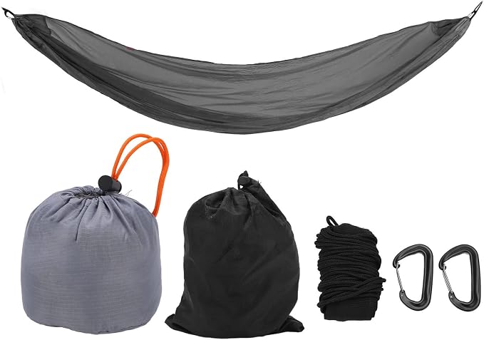 Portable Parachute Camping Hammock, Lightweight Outdoor Hammock with Aluminum Snap Hooks and Storage Bag, Compact Foldable Hammock for Hiking Travel Picnics (Gray)