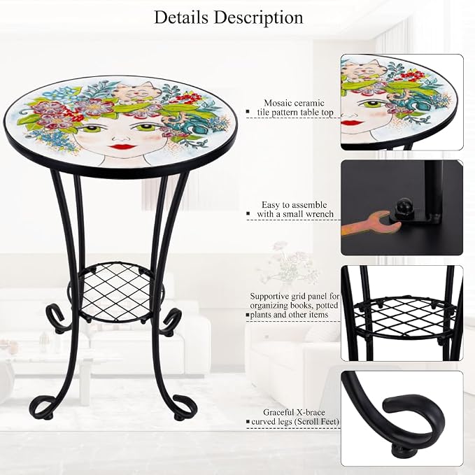 Mosaic Outdoor Side Table Small Round Patio Table Plant Stand | 21" Accent End Table with 14" Ceramic Tile Top for Small Spaces Porch Pool Garden Decor Indoor Living Room Bedroom Balcony