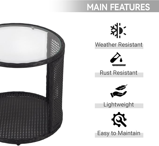 Kinfant Round Outdoor Wicker Coffee Table – Patio Side Table with Tempered Glass Top, Ottoman Style End Table for Balcony, Porch, Deck, Garden, Weather-Resistant Rattan, Easy Assembly, Black