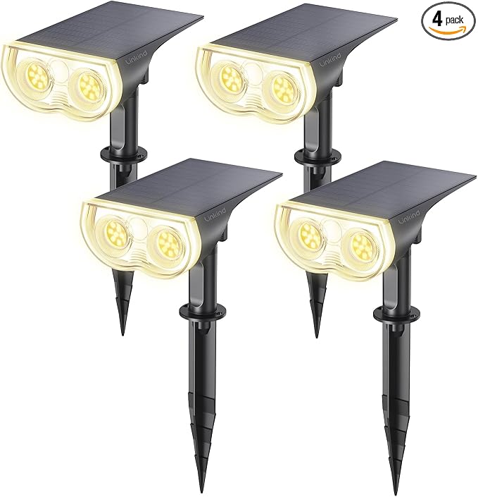 Linkind Solar Lights Outdoor Waterproof LED Spotlights Warm White 4 Pack | Starray, 3 Lighting Modes, 650LM, 3000K, Dusk to Dawn, In-Ground Wall-Mounted for Landscape Yard Garden Tree Flag Pathway