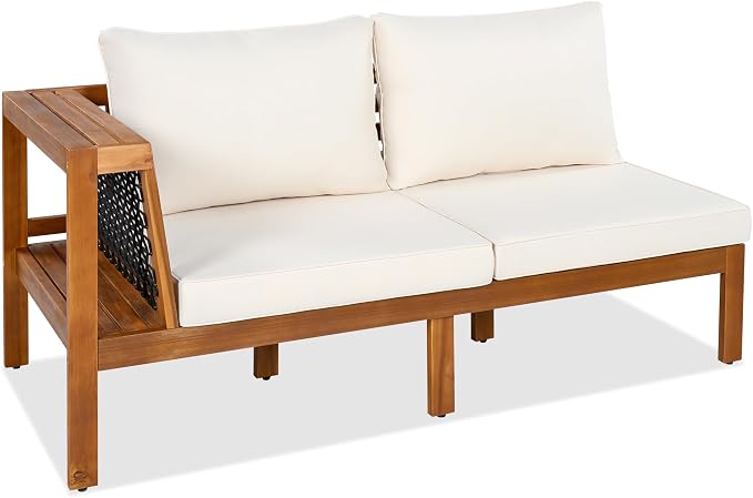Merax Outdoor Patio Furniture Set 5 Seats, L-Shaped Outdoor Sectional Corner Sofa Set, Acacia Wood Conversation Sets with Washable Cushions & Coffee Table, Patio Furniture for Backyard, Porch, Beige