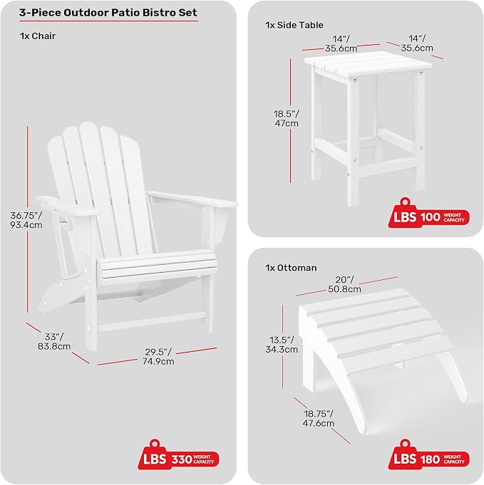 Costaelm Lakeview 3-Piece Adirondack Chair with Cup Holder and Folding Ottoman and Table Set, White